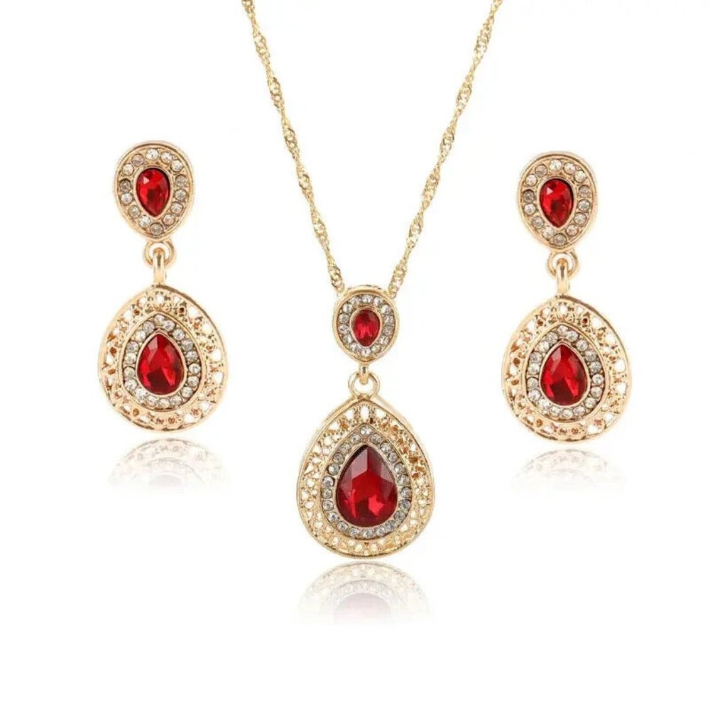 New Engraving Artificial Red Crystal Zircon Necklace & Earrings Jewelry Set